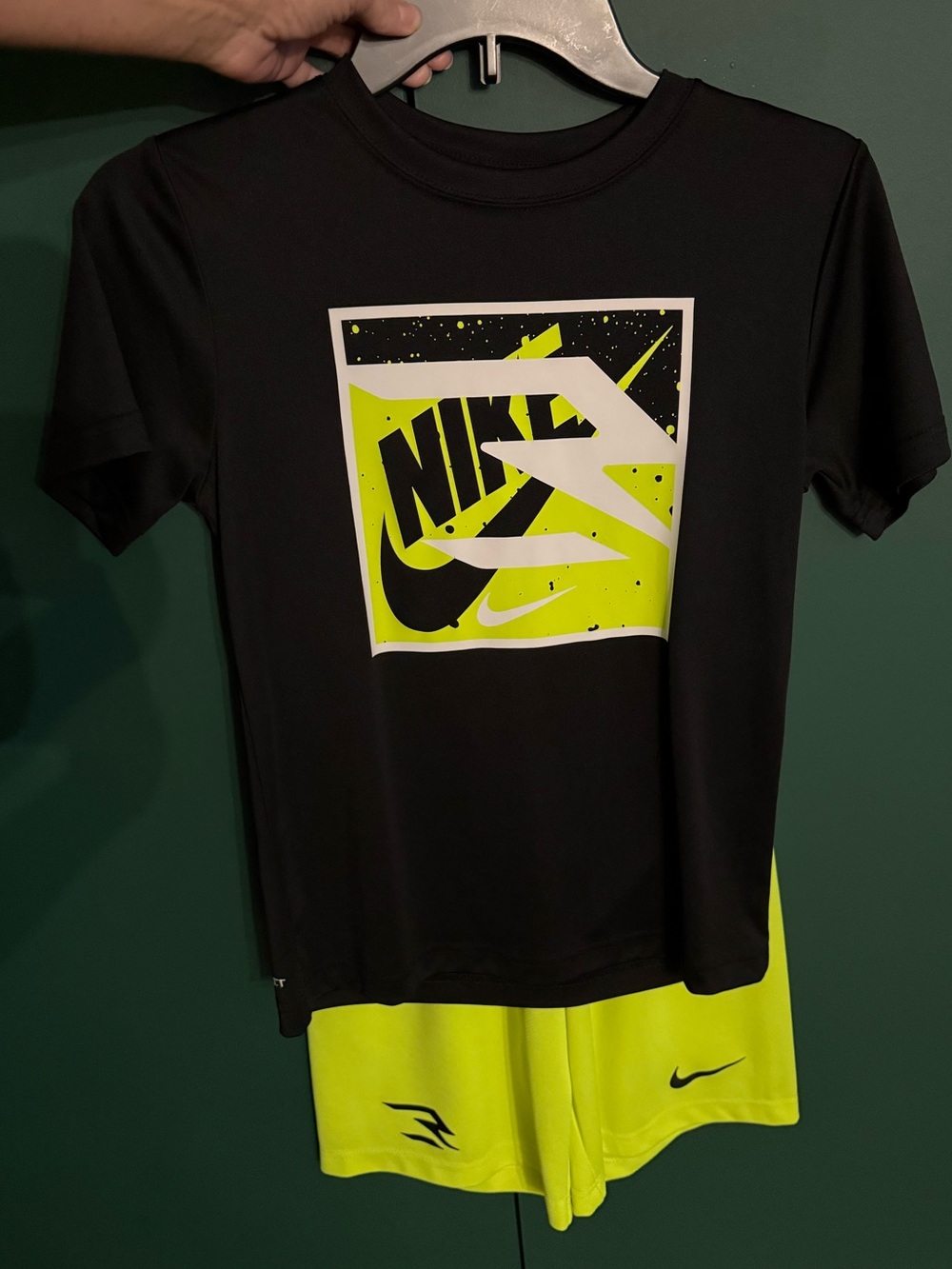 Boy’s Nike Black Tee w/ Neon Yellow Graphic and Matching Neon Shorts Size 10/12